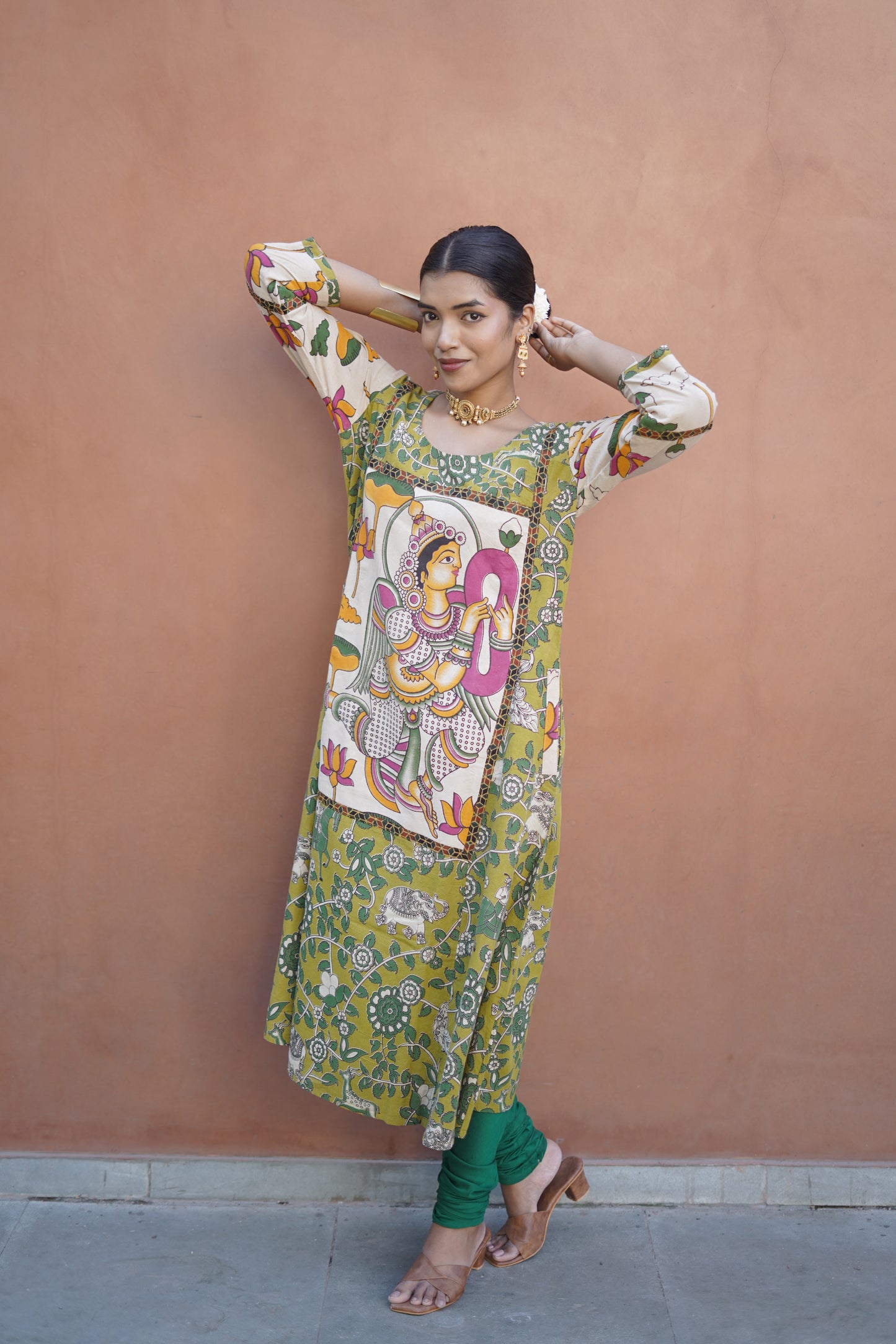 Green and White kalamkari Cotton Kurta