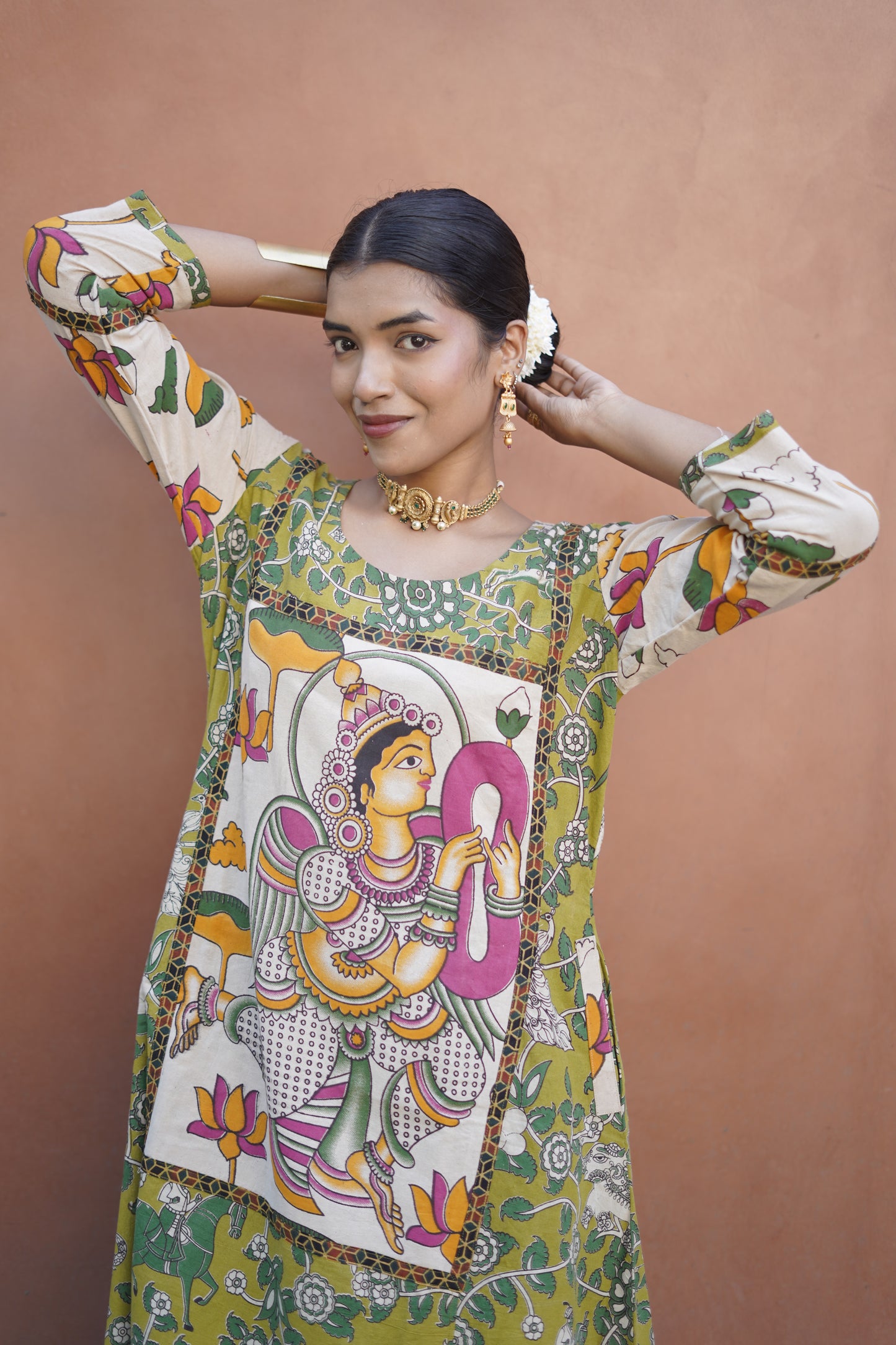 Green and White kalamkari Cotton Kurta