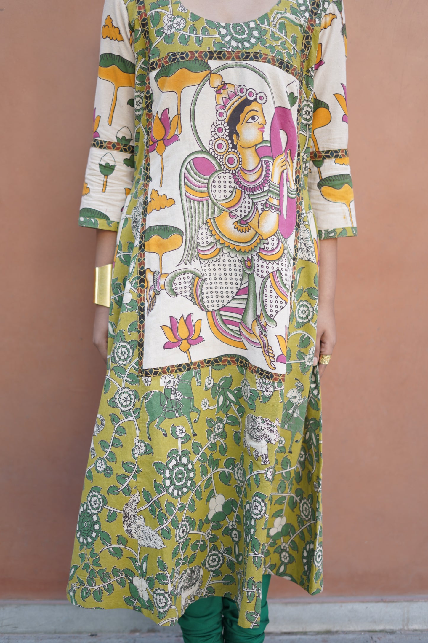 Green and White kalamkari Cotton Kurta