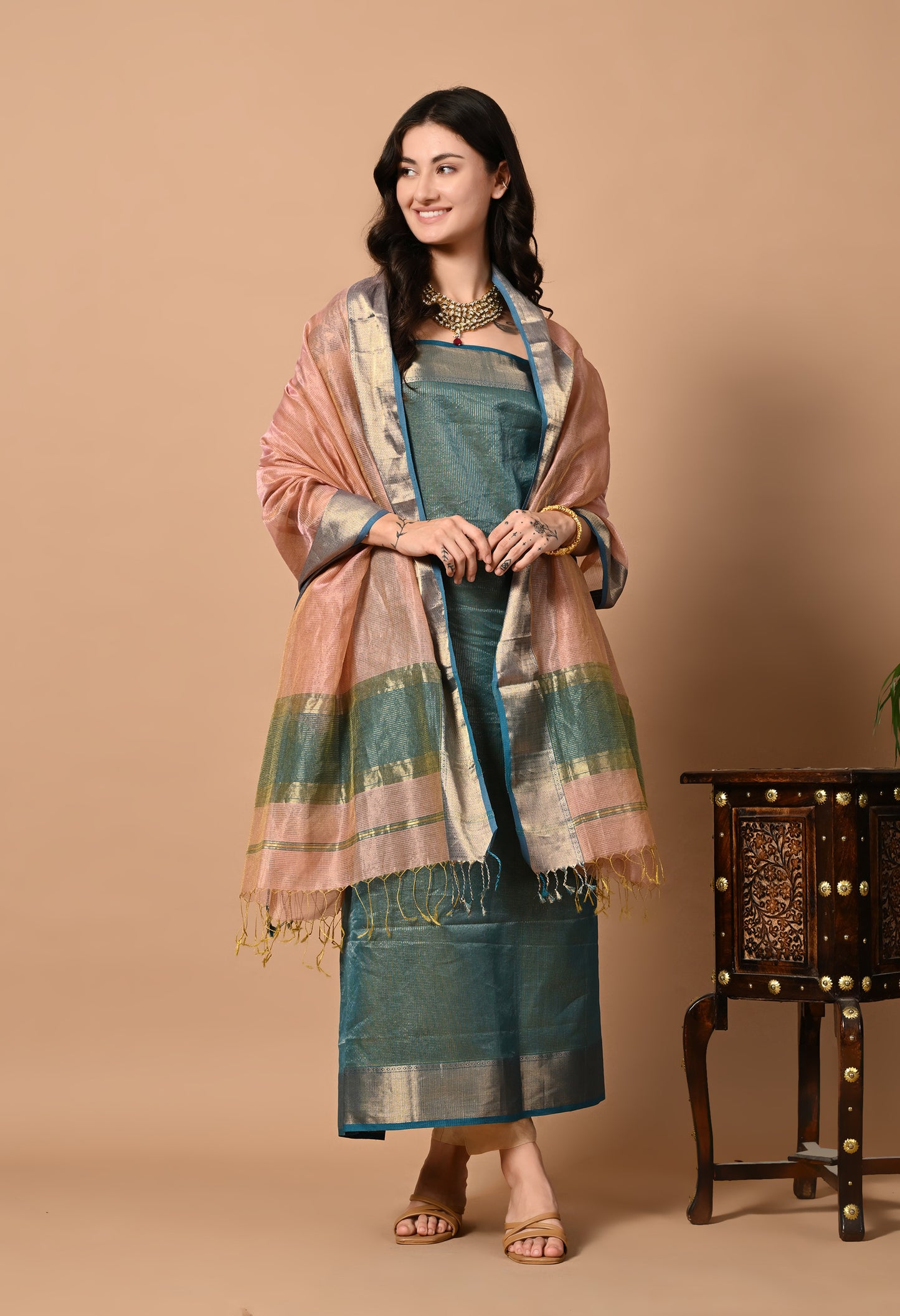 Blue Maheshwari Handloom Silk Zari and Cotton Kurta Material with Dupatta