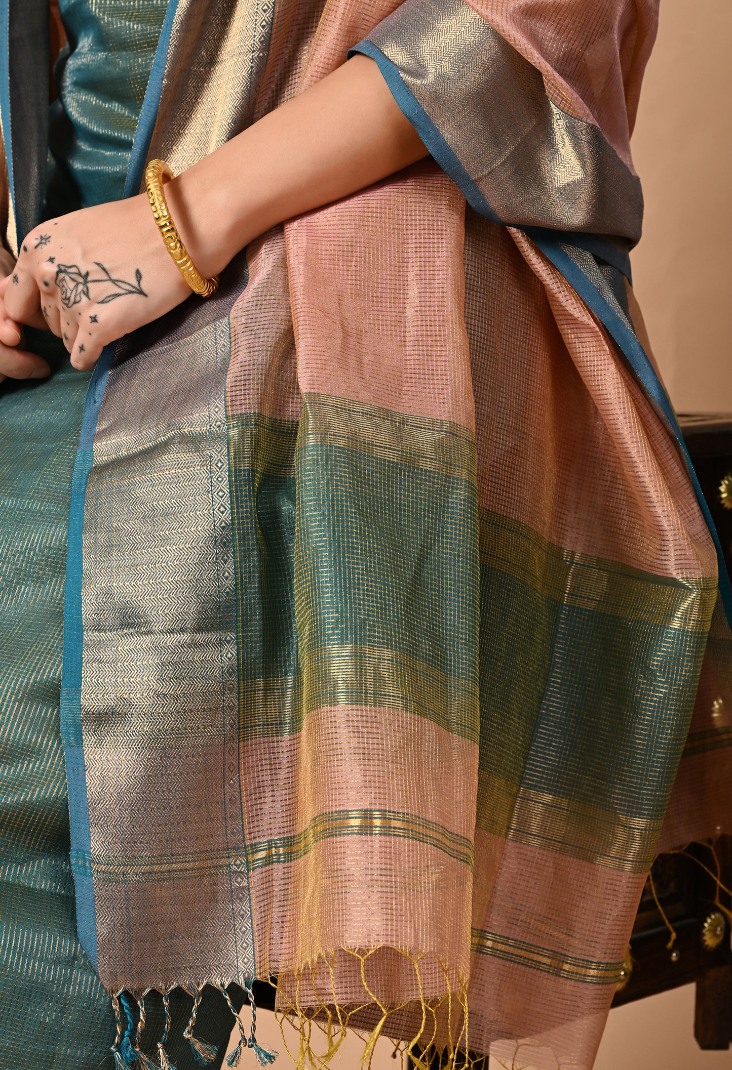 Blue Maheshwari Handloom Silk Zari and Cotton Kurta Material with Dupatta