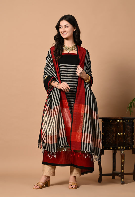 Black Maheshwari Handloom Kurta Material with Dupatta
