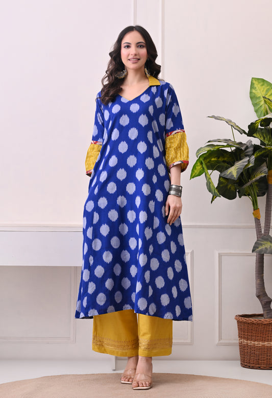 Blue and Yellow Handwoven Ikkat Cotton Kurta