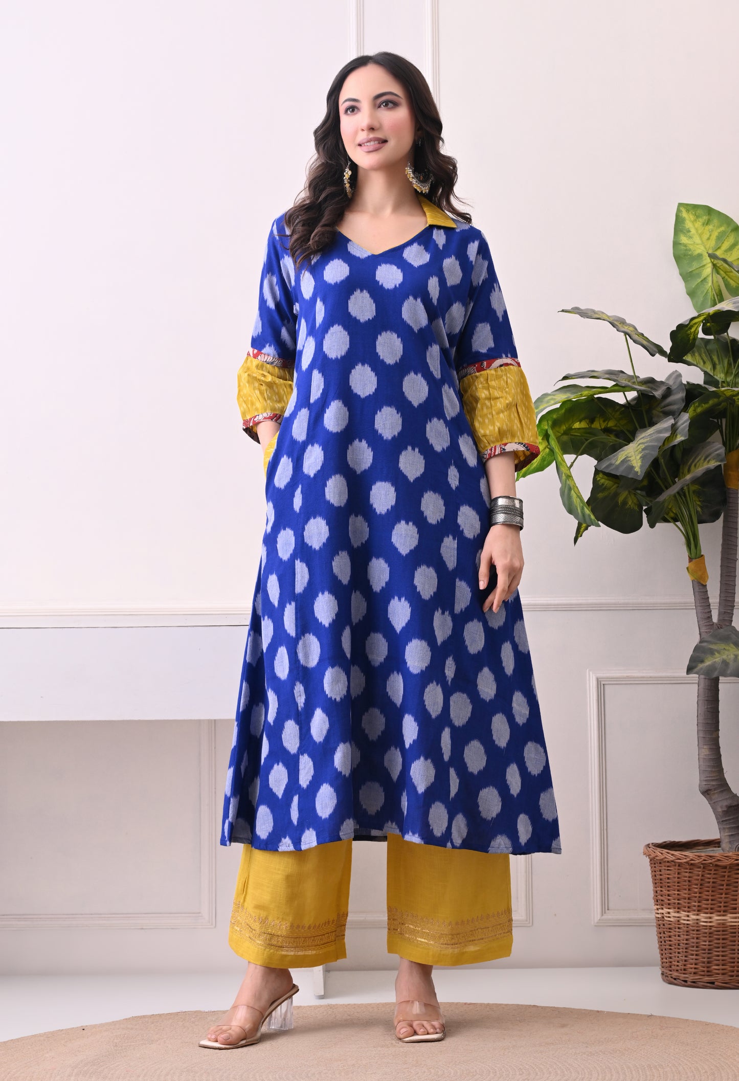 Blue and Yellow Handwoven Ikkat Cotton Kurta