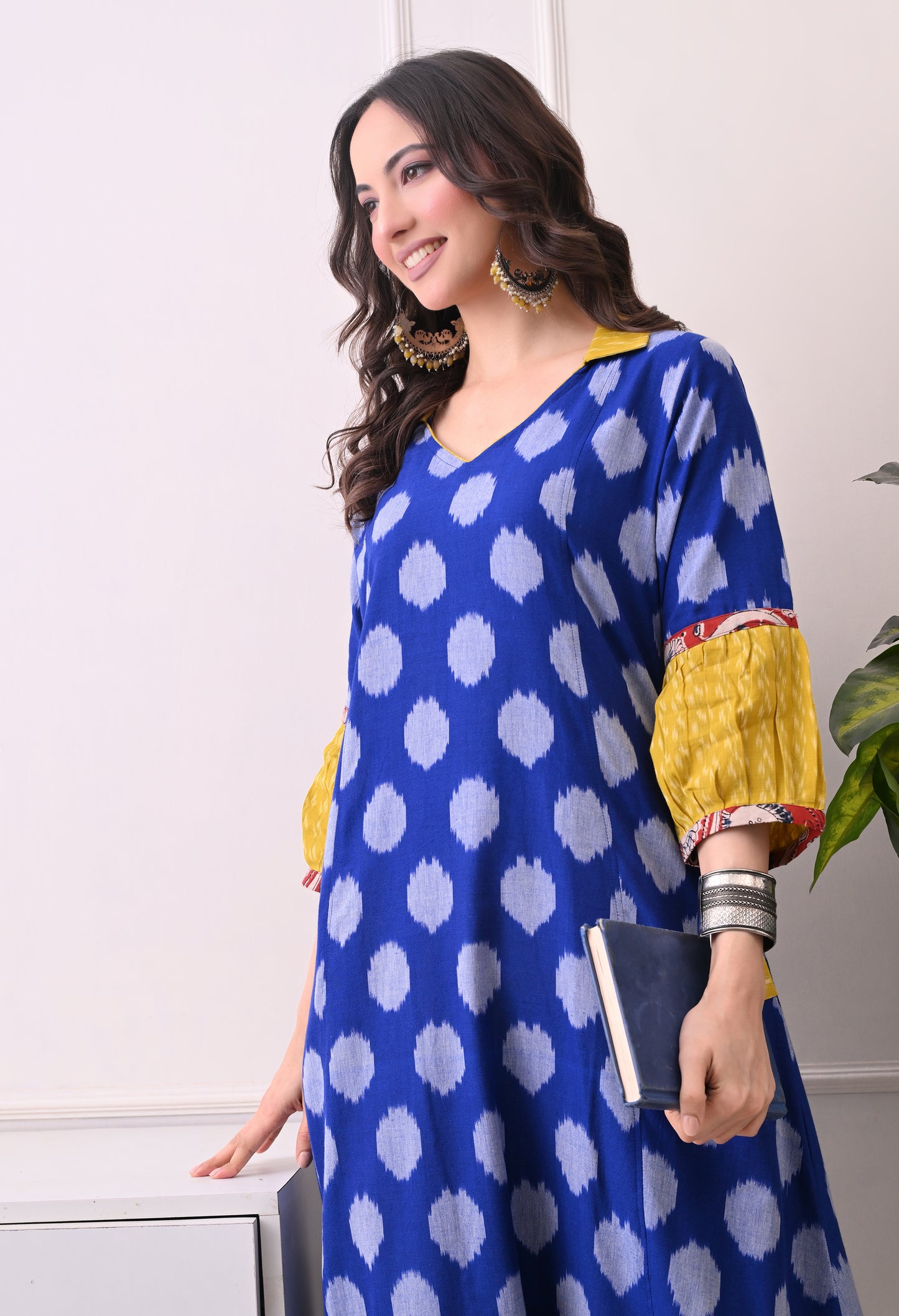 Blue and Yellow Handwoven Ikkat Cotton Kurta