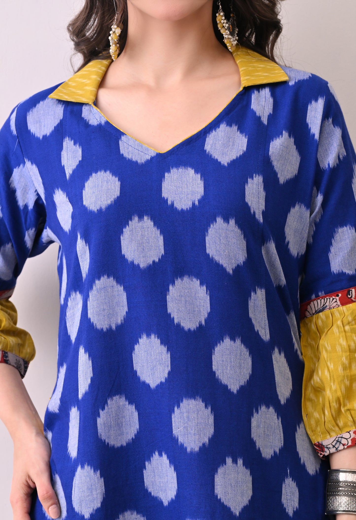 Blue and Yellow Handwoven Ikkat Cotton Kurta