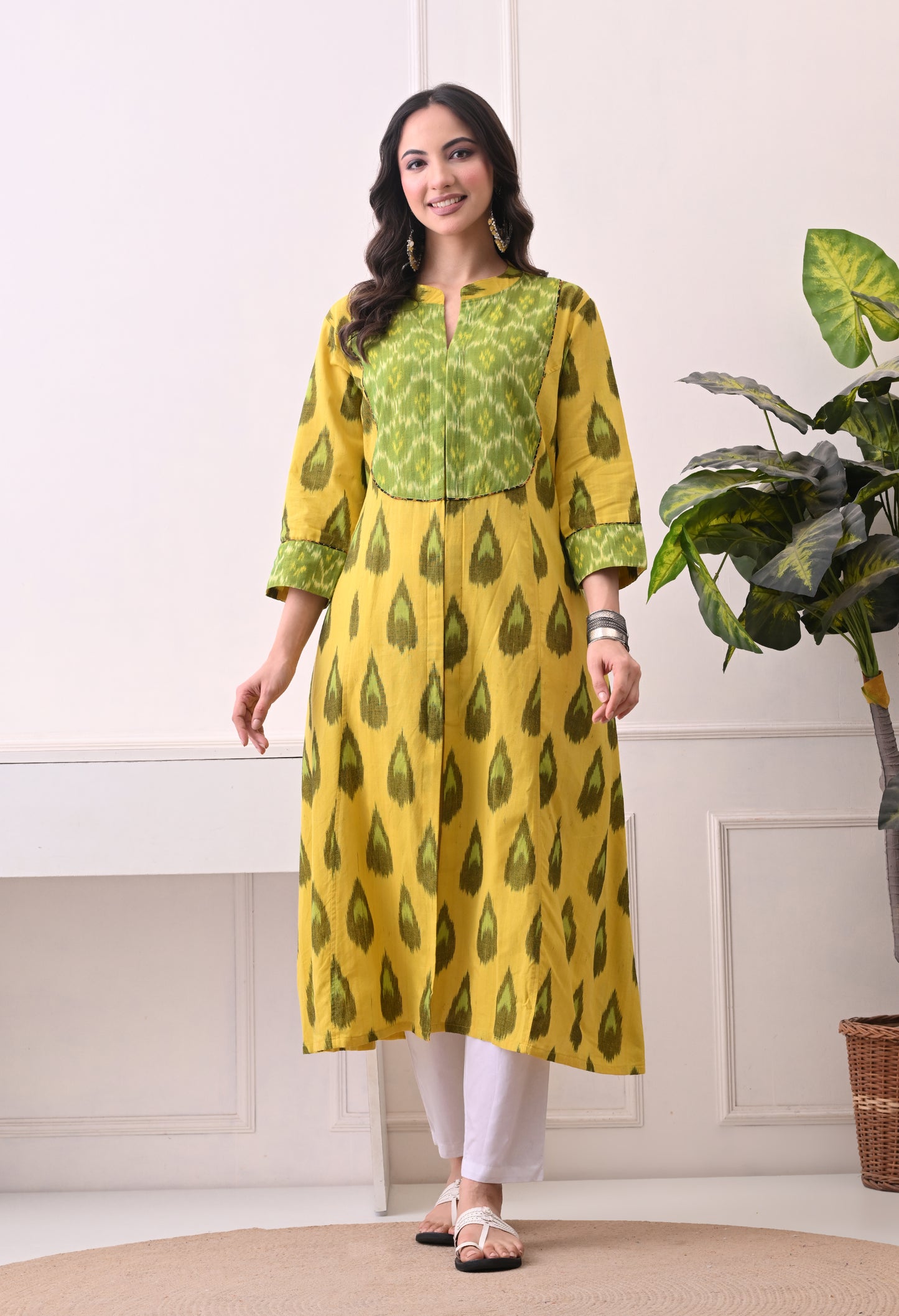 Yellow Handwoven Ikkat Cotton Kurta