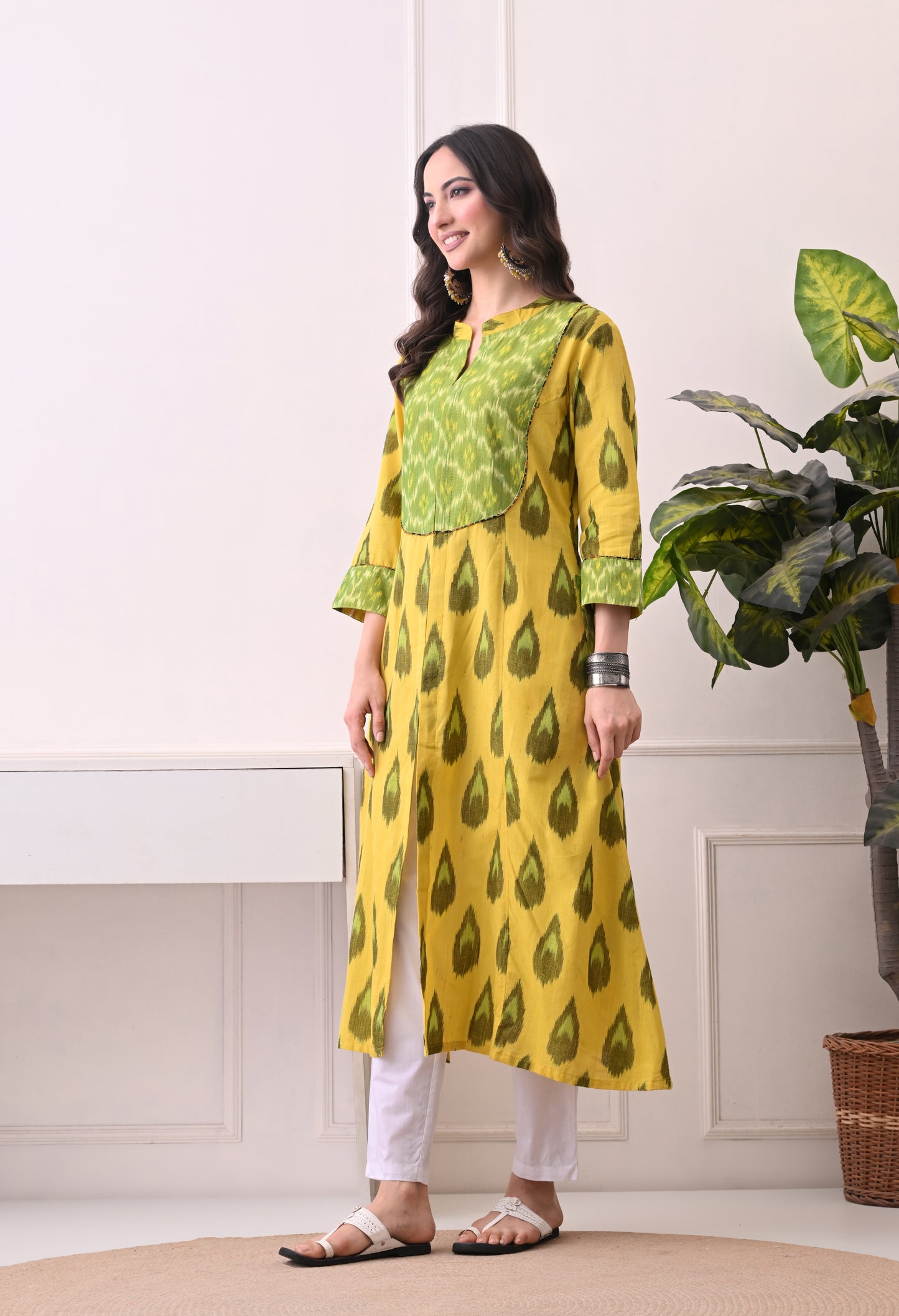 Yellow Handwoven Ikkat Cotton Kurta