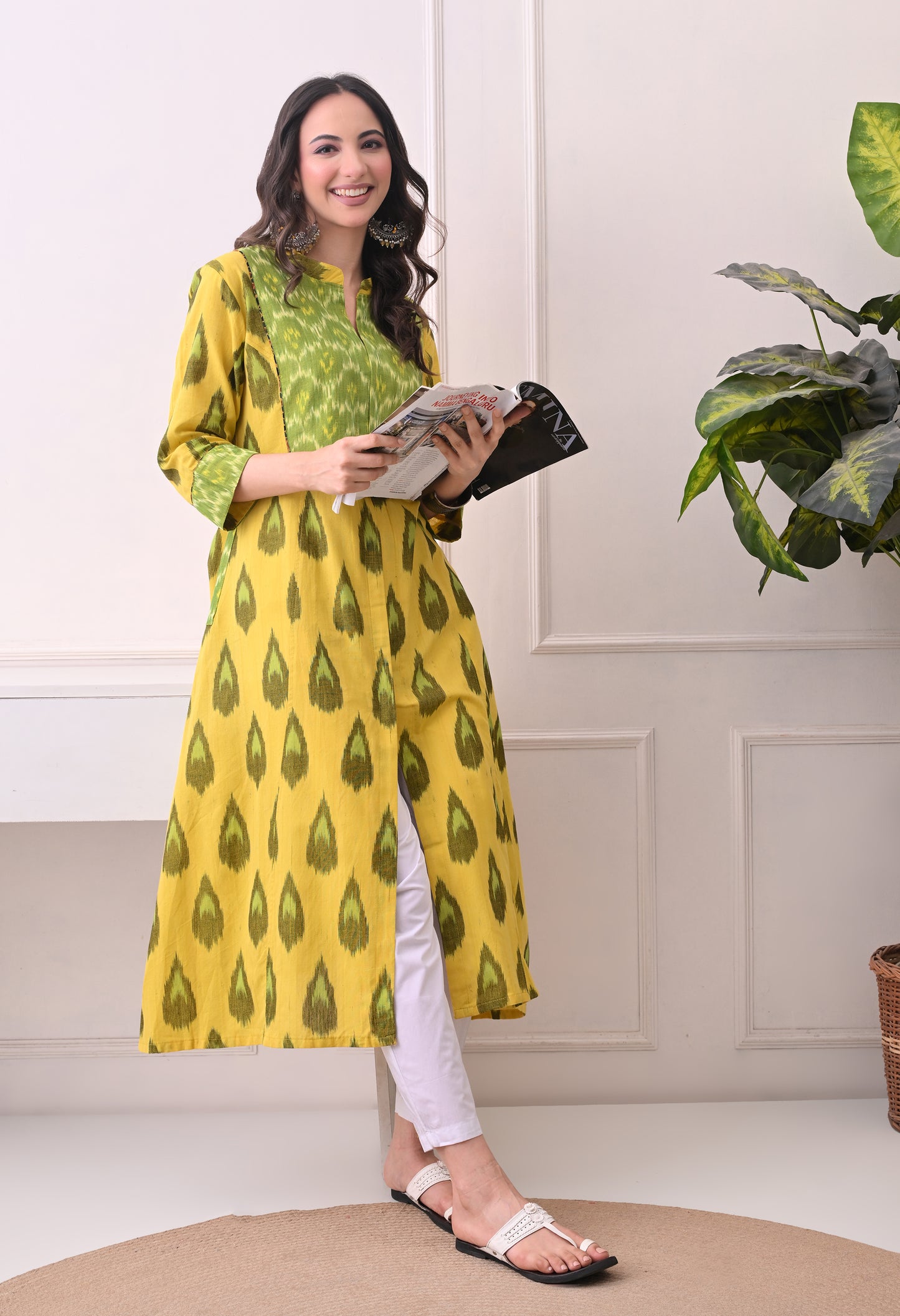 Yellow Handwoven Ikkat Cotton Kurta
