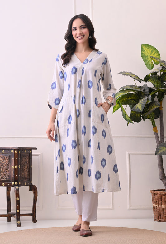 White Handwoven Ikkat Cotton Kurta