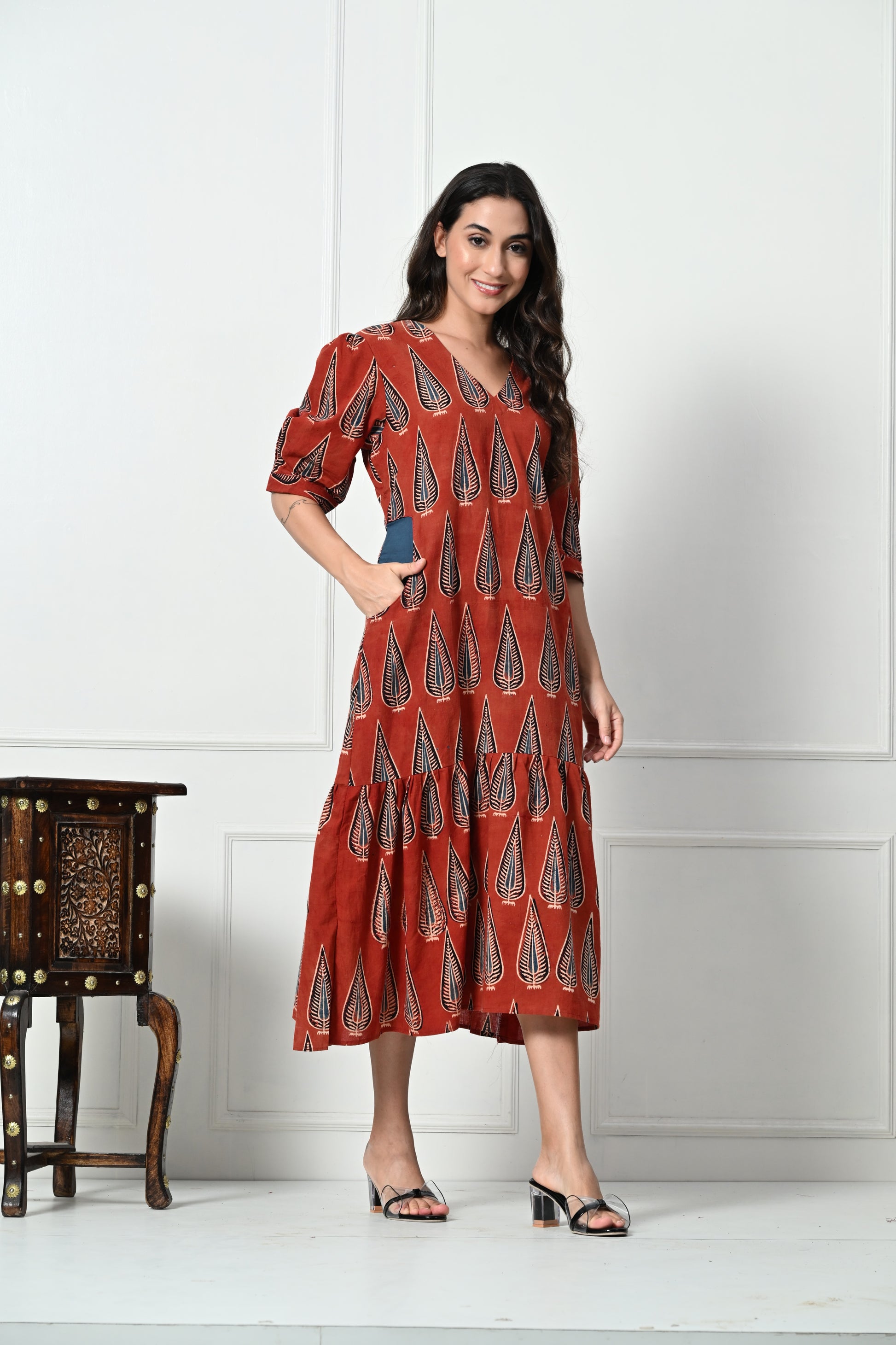 Buy Maroon Ajrakh Handblock Printed Pure Cotton dress | Tavsi Buy Maroon Ajrakh Handblock Printed Pure Cotton dress | Tavsi