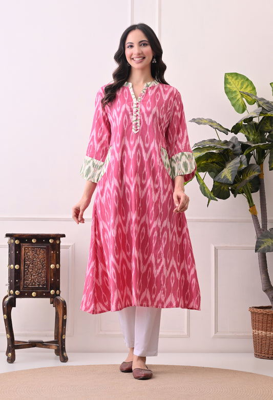 Pink Handwoven Ikkat Cotton Kurta