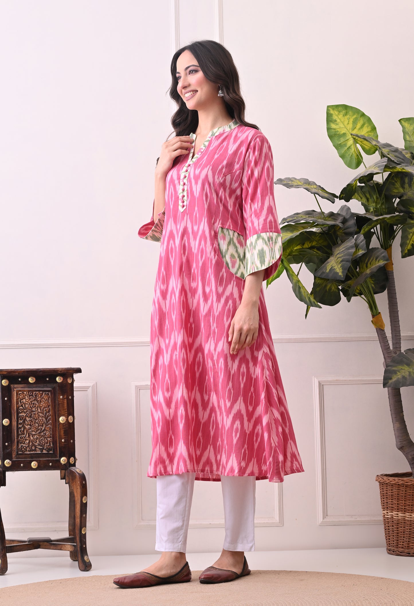 Pink Handwoven Ikkat Cotton Kurta Set