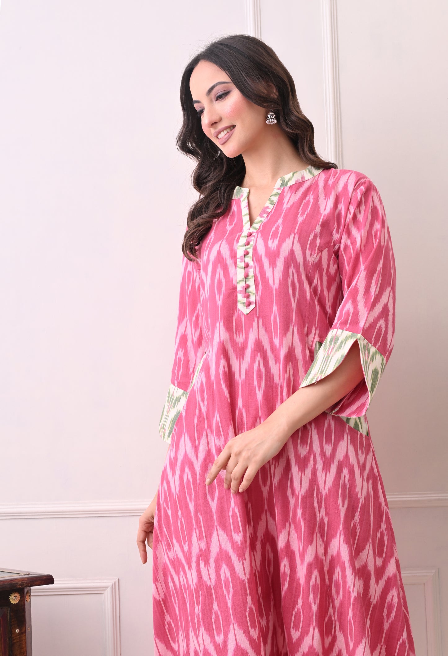 Pink Handwoven Ikkat Cotton Kurta Set