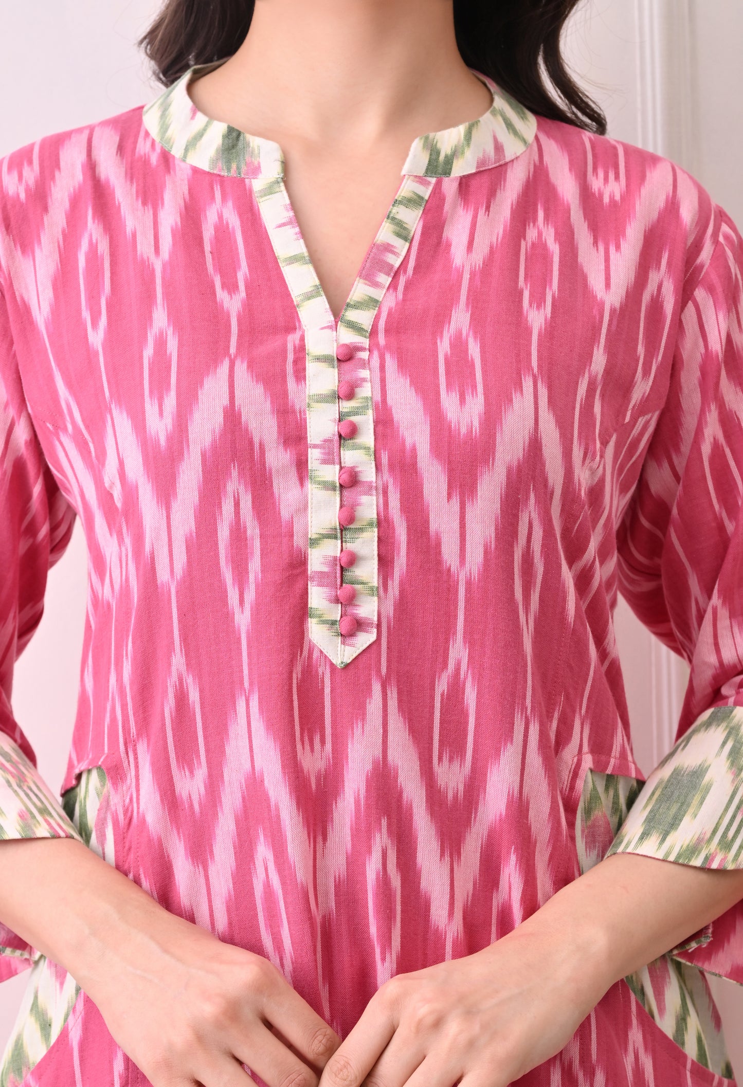 Pink Handwoven Ikkat Cotton Kurta Set