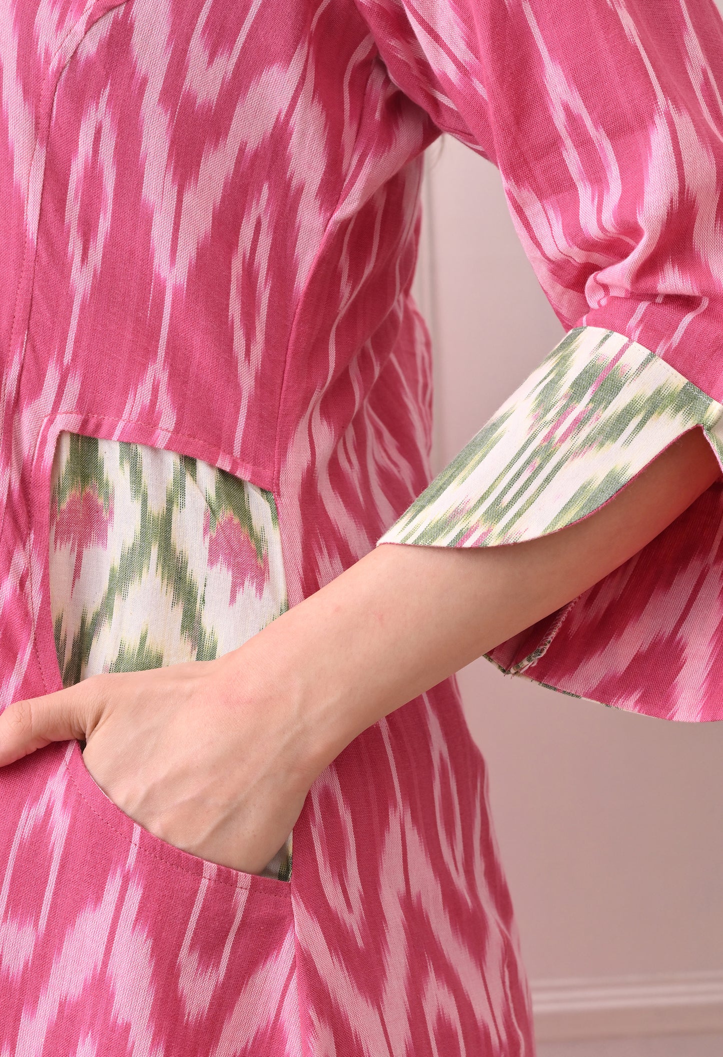 Pink Handwoven Ikkat Cotton Kurta Set