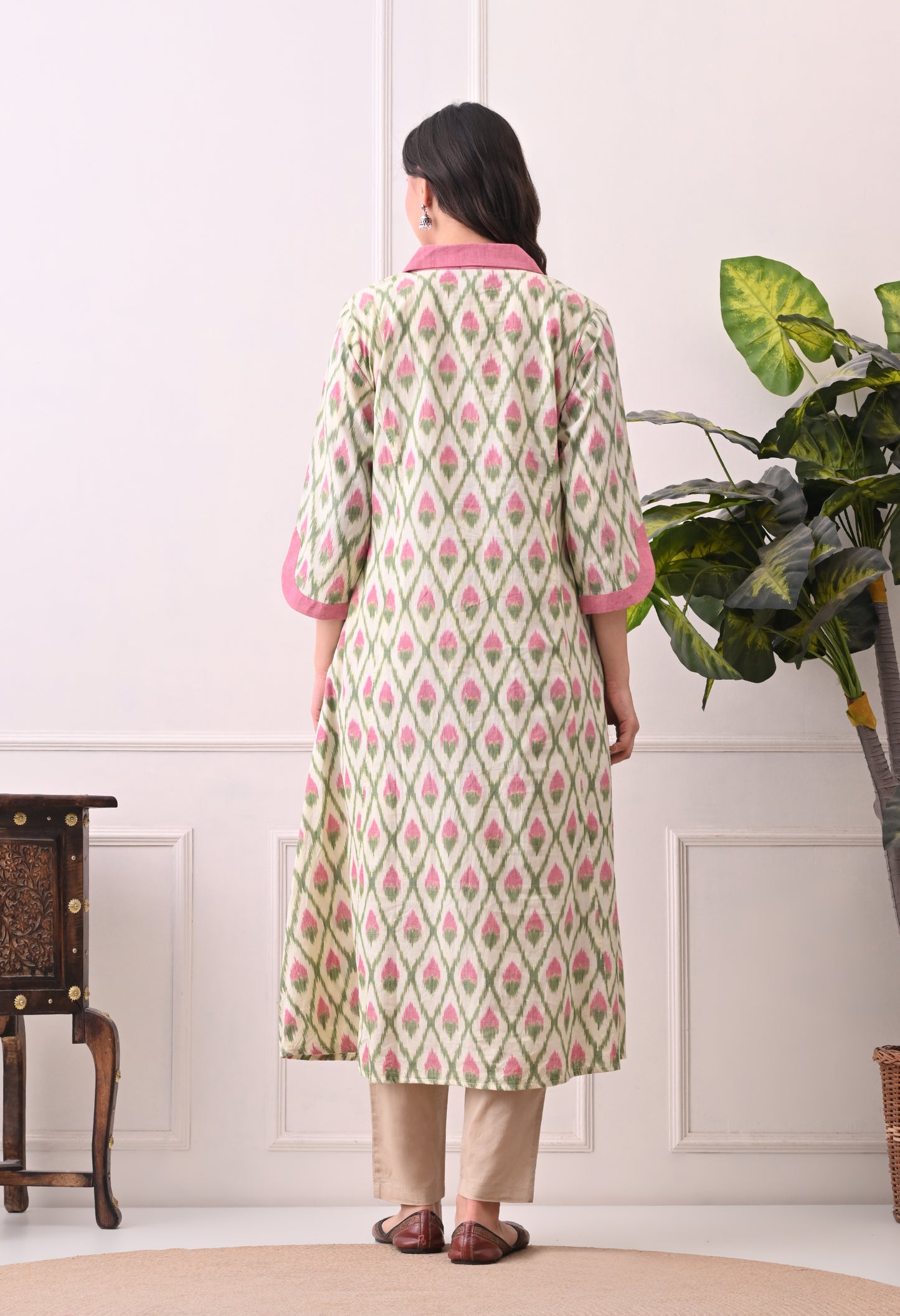 White and Pink Handwoven Ikkat Cotton Kurta set