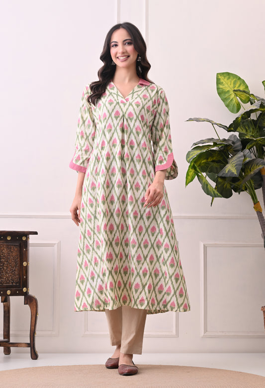 White and Pink Handwoven Ikkat Cotton Kurta