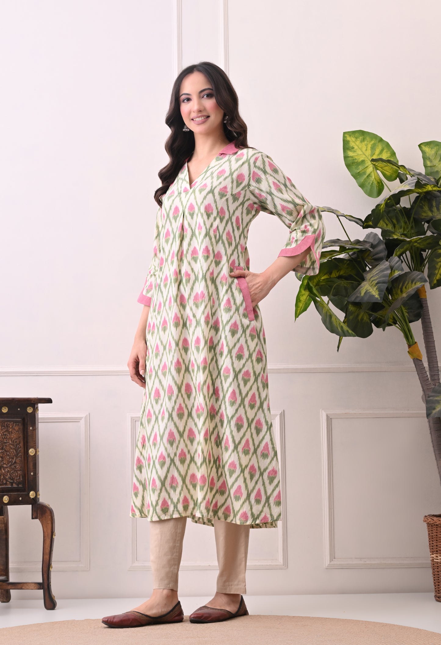 White and Pink Handwoven Ikkat Cotton Kurta set