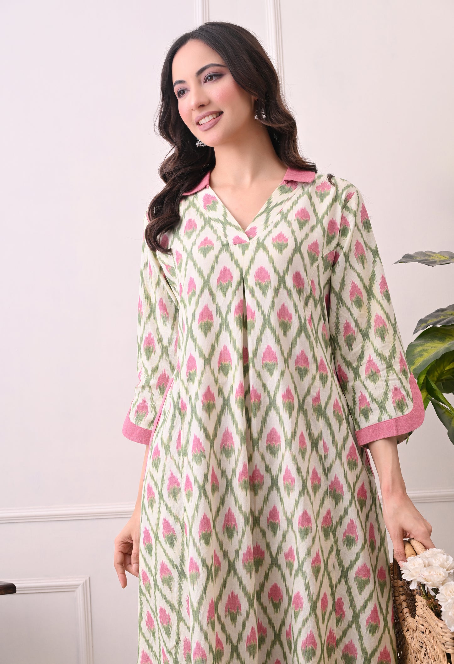 White and Pink Handwoven Ikkat Cotton Kurta set
