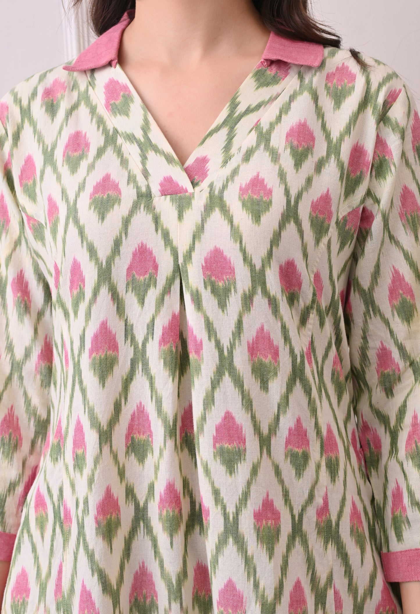 White and Pink Handwoven Ikkat Cotton Kurta set
