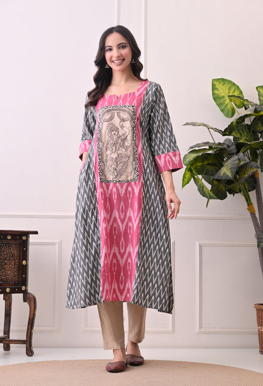 Grey and Pink Handwoven Ikkat Cotton Kurta
