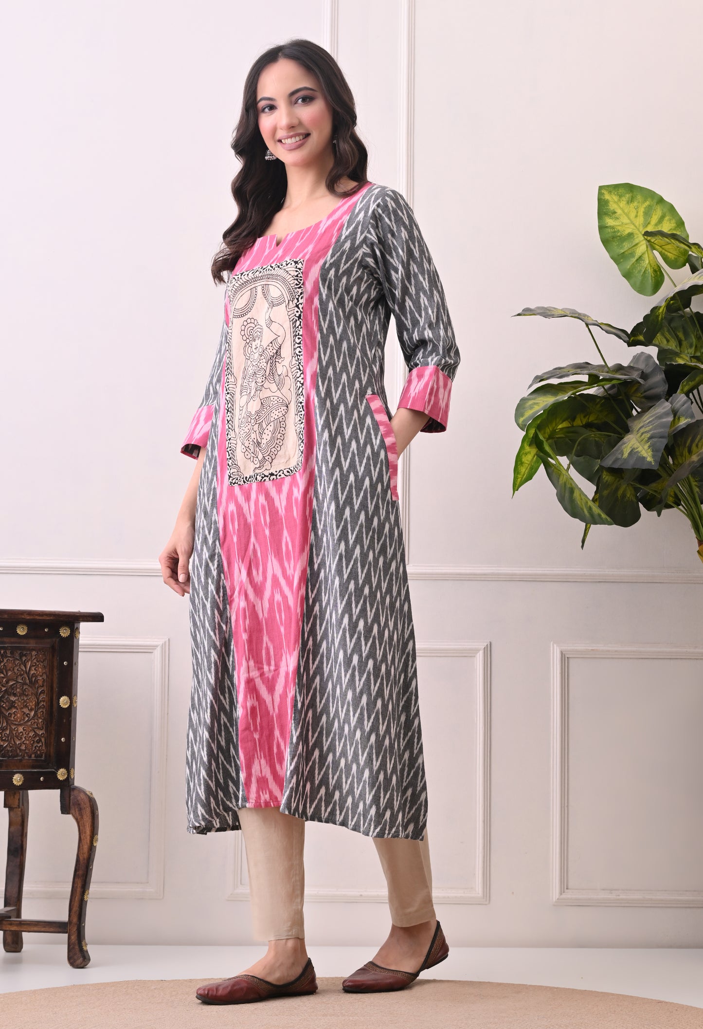 Grey and Pink Handwoven Ikkat Cotton Kurta