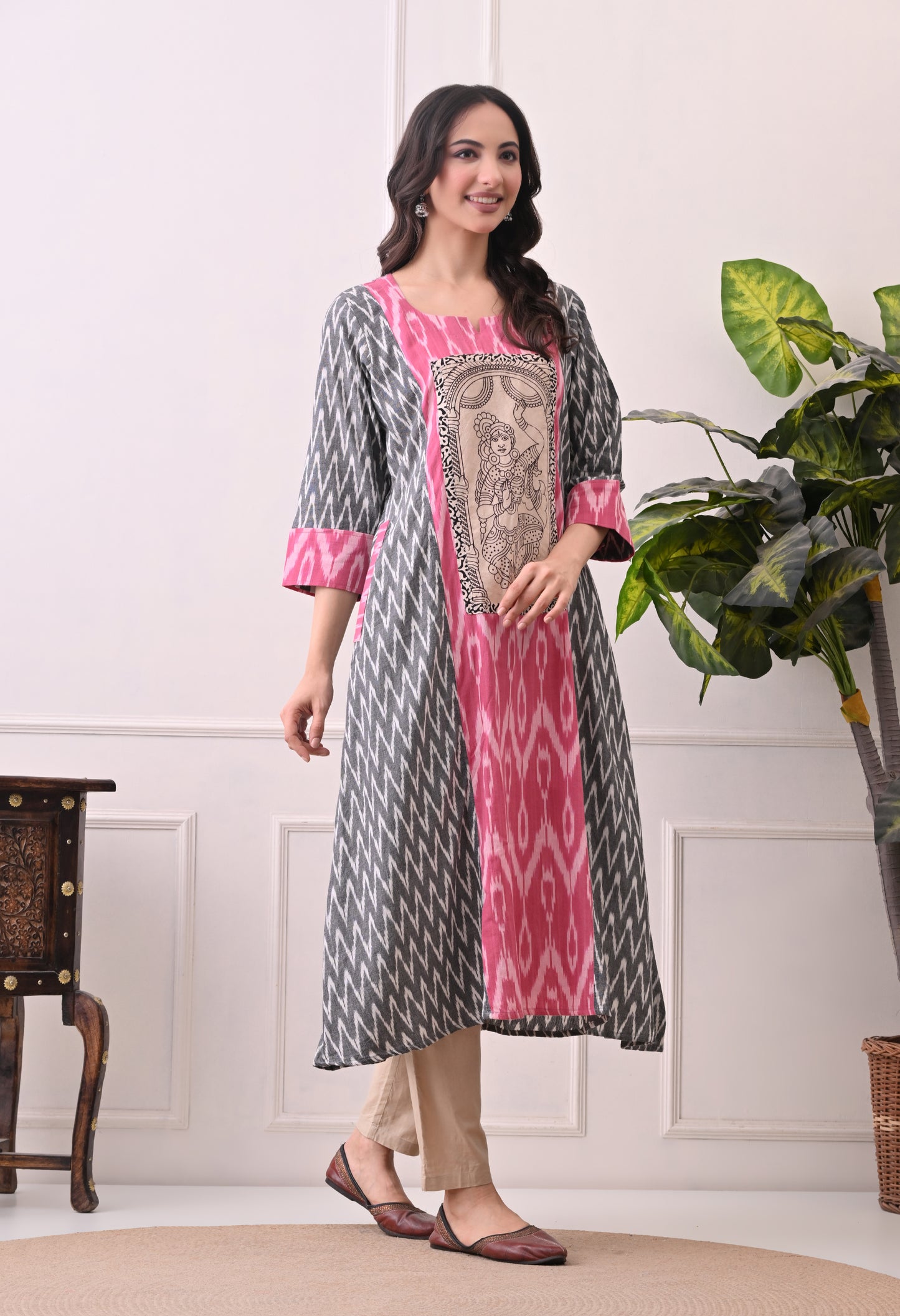 Grey and Pink Handwoven Ikkat Cotton Kurta