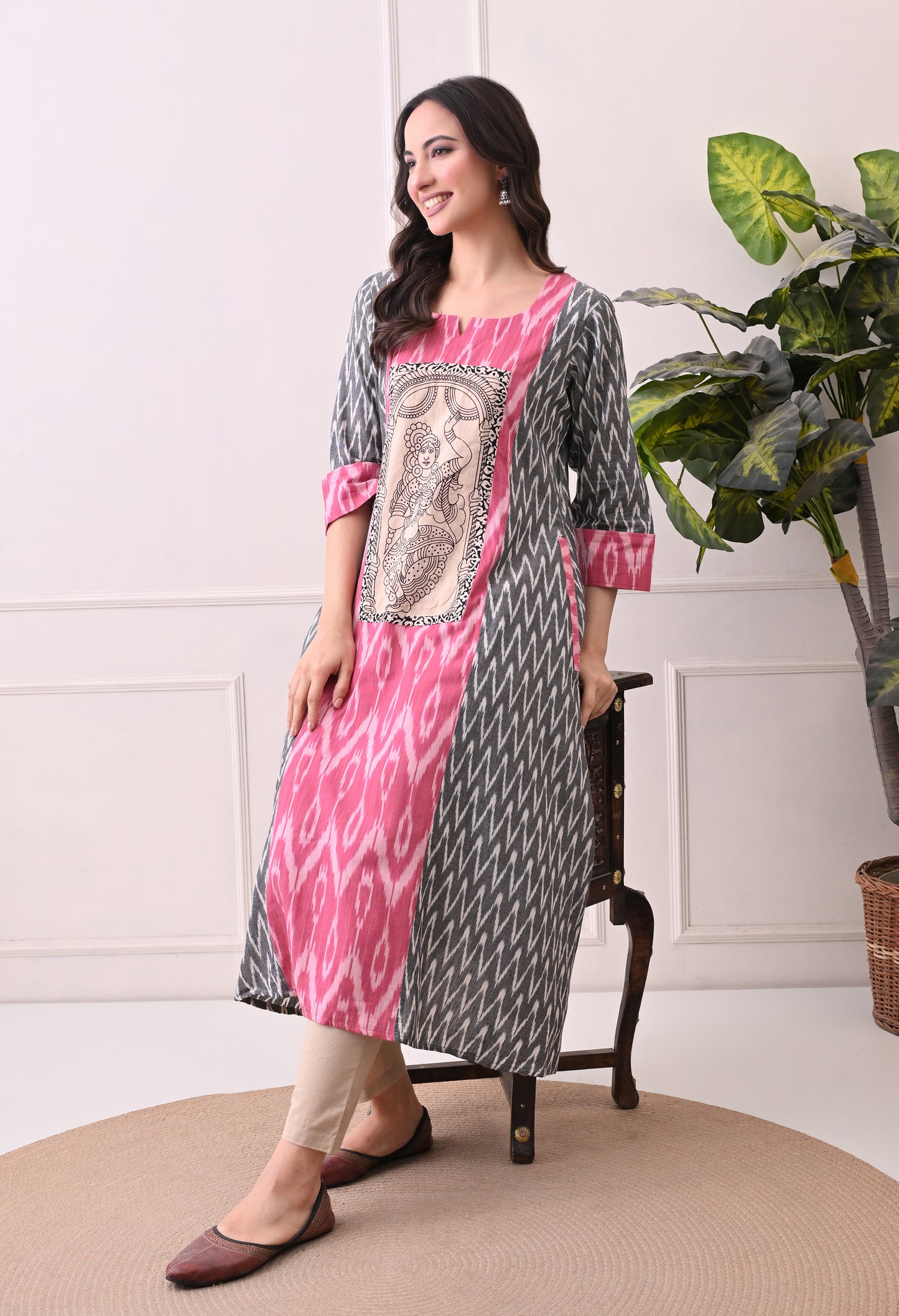 Grey and Pink Handwoven Ikkat Cotton Kurta