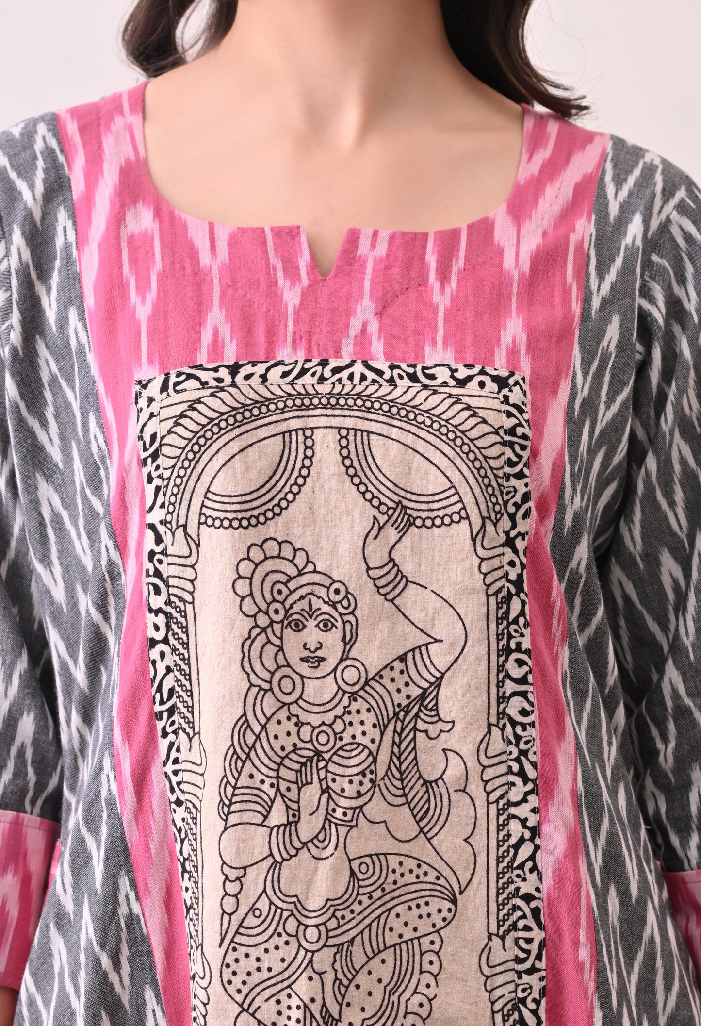 Grey and Pink Handwoven Ikkat Cotton Kurta