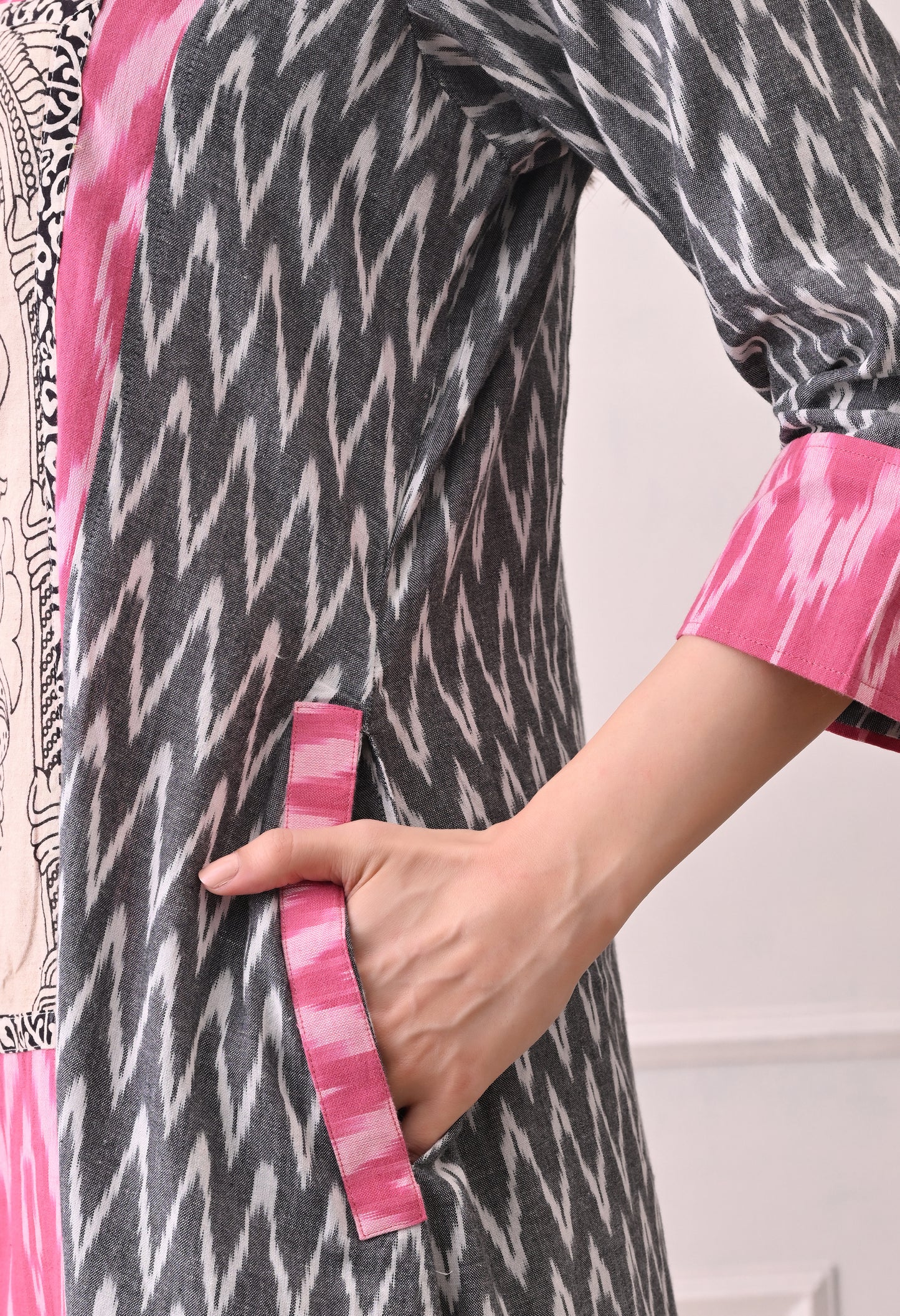 Grey and Pink Handwoven Ikkat Cotton Kurta
