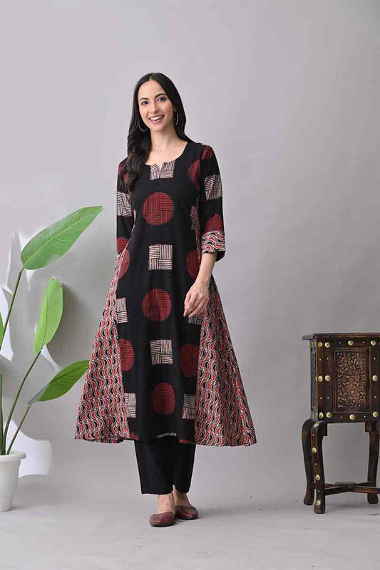 Black and Maroon Ajrakh Hand block Cotton kurta