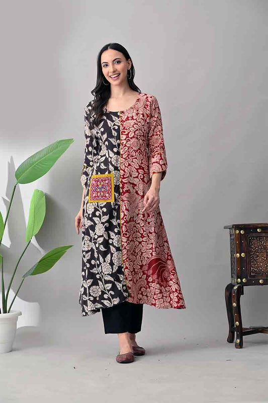 Black and Maroon Kalamkari Cotton Kurta with Kutch embroidery pocket