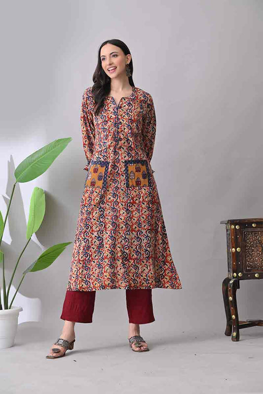 Maroon kalamkari hand block cotton kurta with front pockets
