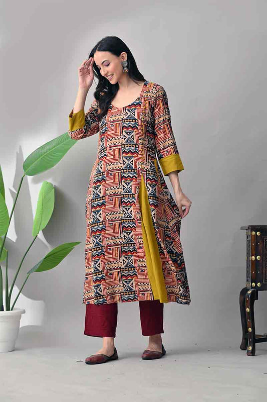 Maroon and Mustard Kalamkari Hand block Cotton Kurta