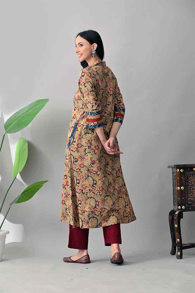 Beige and Blue Kalamkari Hand block Cotton Kurta