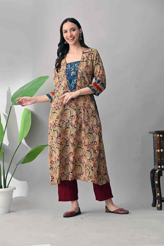 Beige and Blue Kalamkari Hand block Cotton Kurta