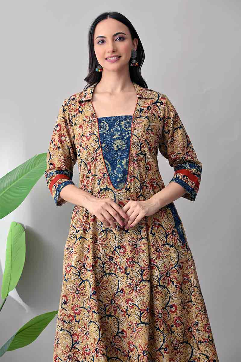 Beige and Blue Kalamkari Hand block Cotton Kurta