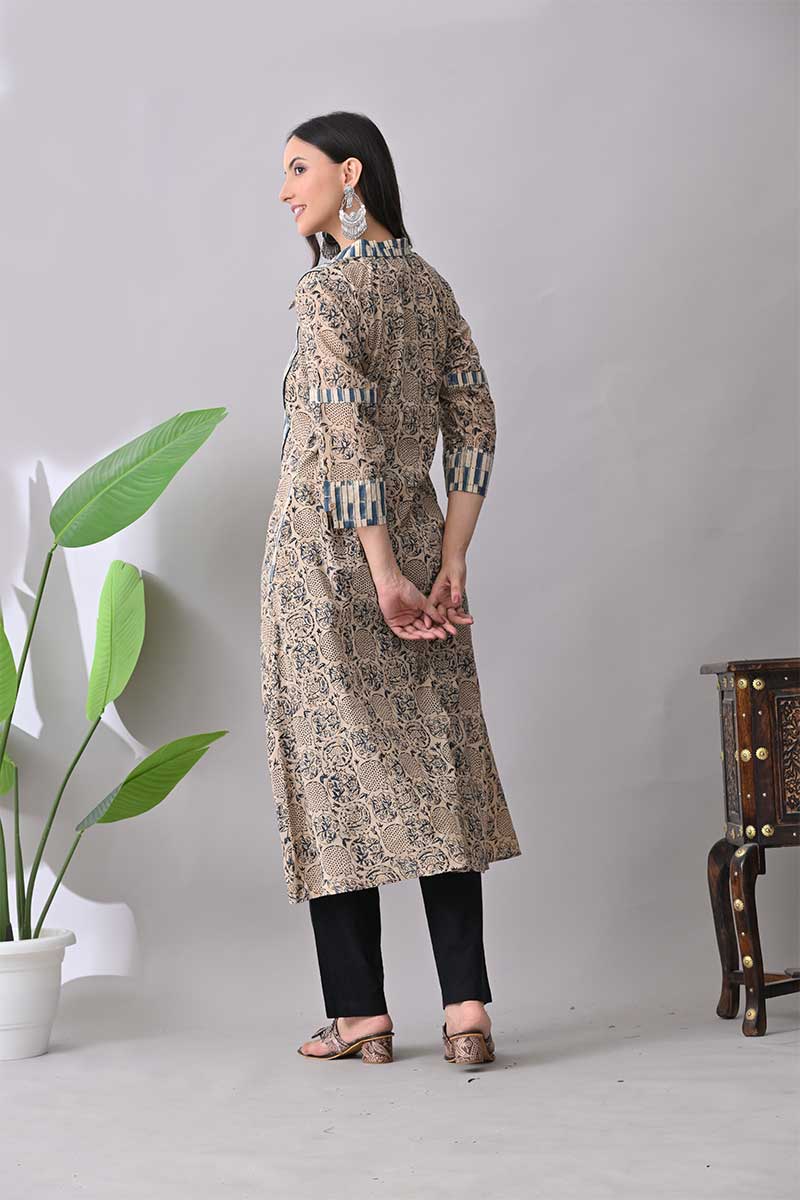 Blue Kalamkari Hand block Cotton Kurta with collar