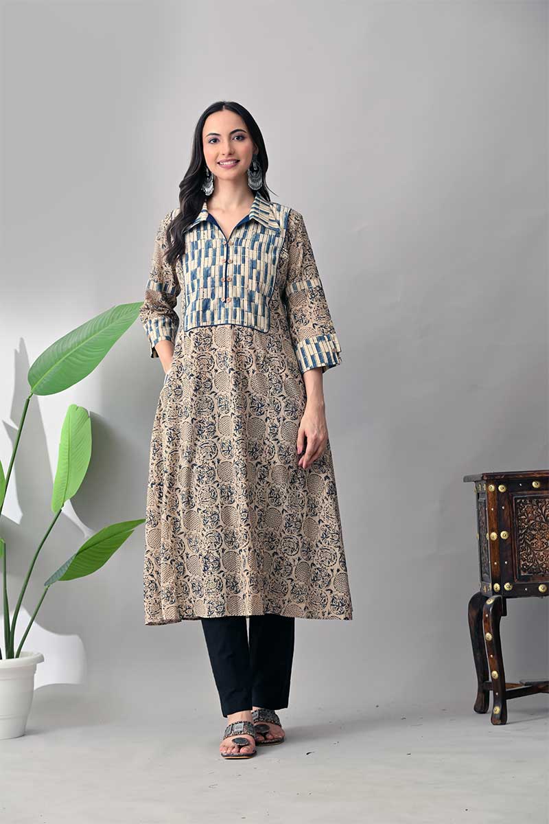 Blue Kalamkari Hand block Cotton Kurta with collar