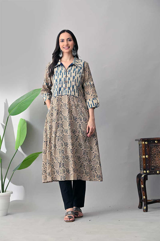 Blue Kalamkari Hand block Cotton Kurta with collar