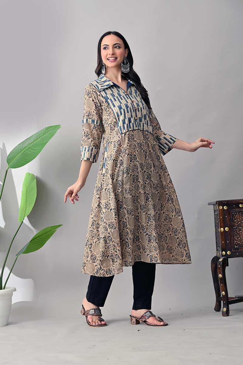 Blue Kalamkari Hand block Cotton Kurta with collar