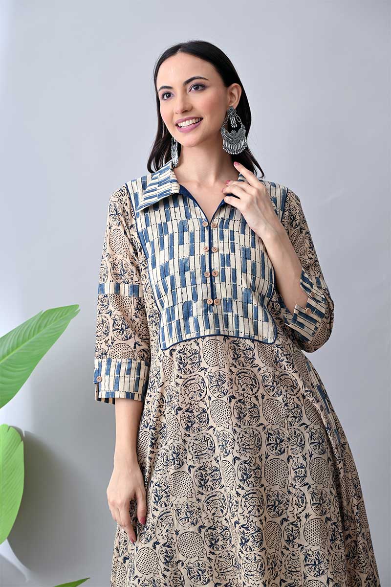 Blue Kalamkari Hand block Cotton Kurta with collar