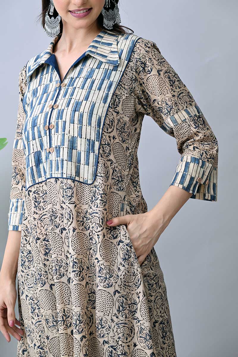 Blue Kalamkari Hand block Cotton Kurta with collar