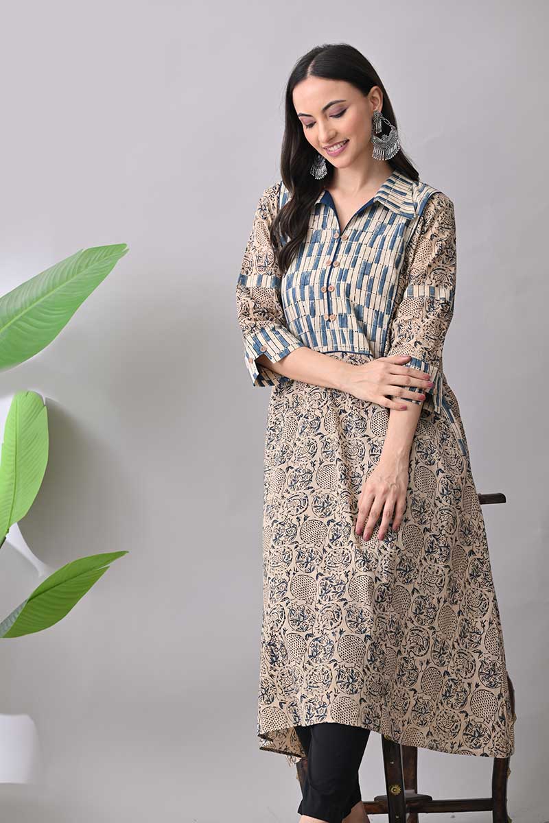 Blue Kalamkari Hand block Cotton Kurta with collar