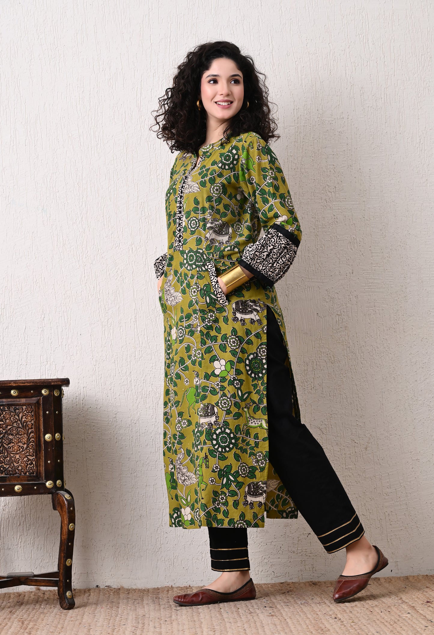 Green Printed Kalamkari Cotton Kurta