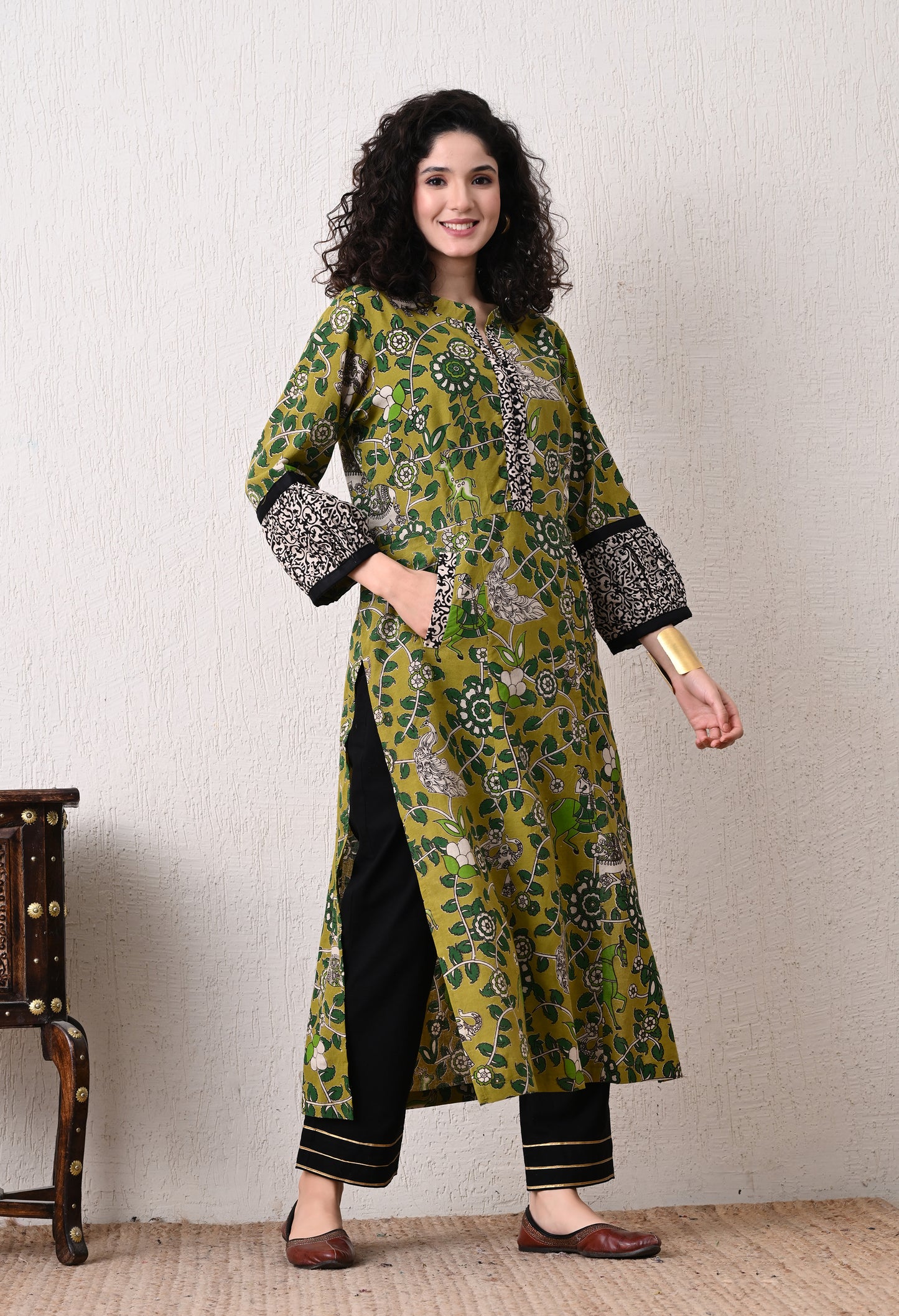 Green Printed Kalamkari Cotton Kurta