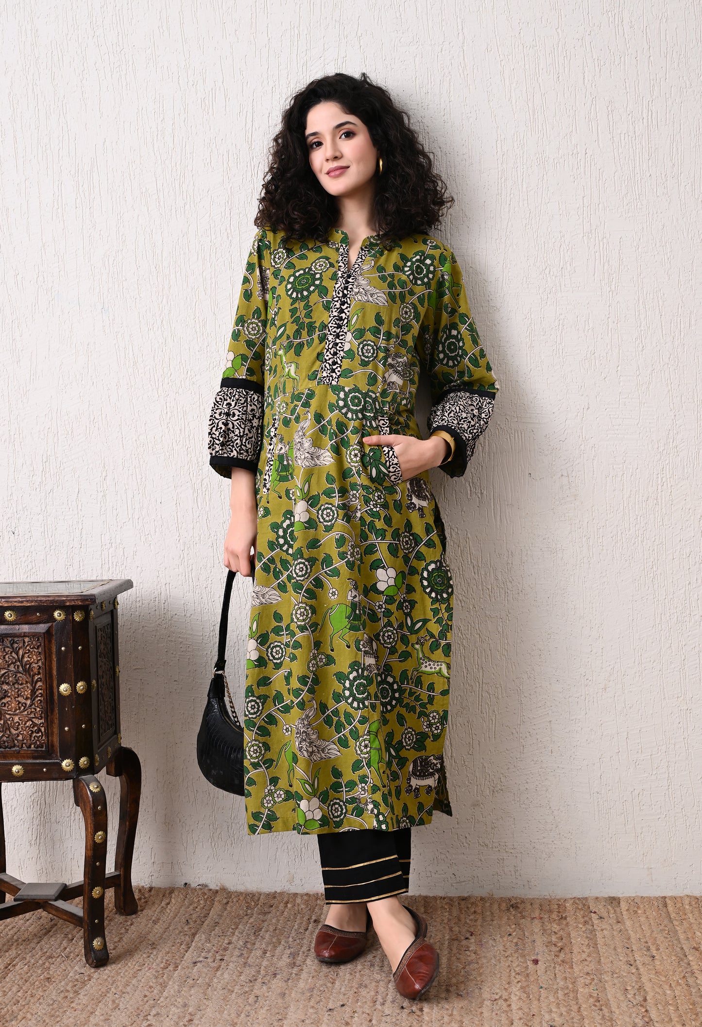 Green Printed Kalamkari Cotton Kurta