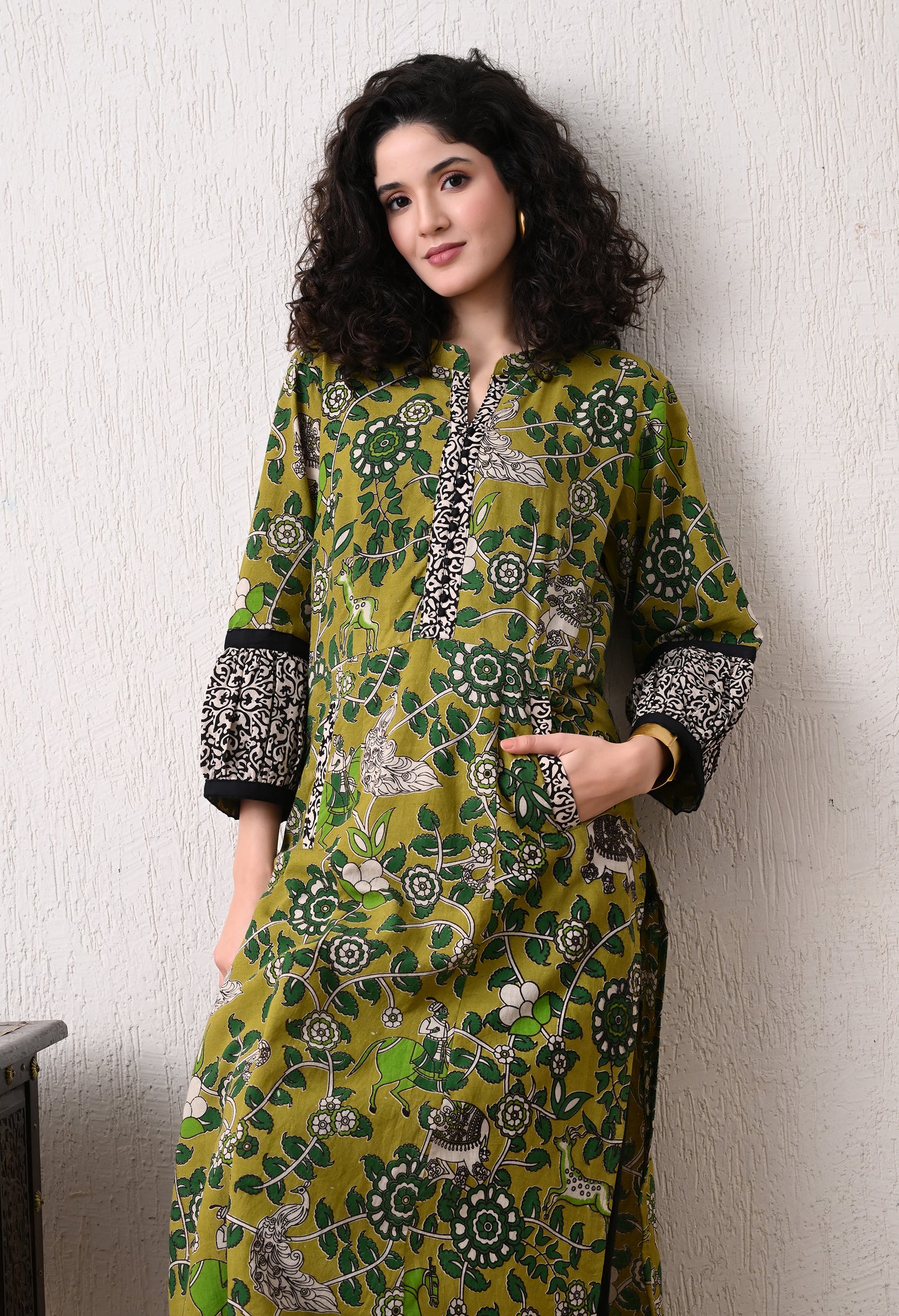 Green Printed Kalamkari Cotton Kurta