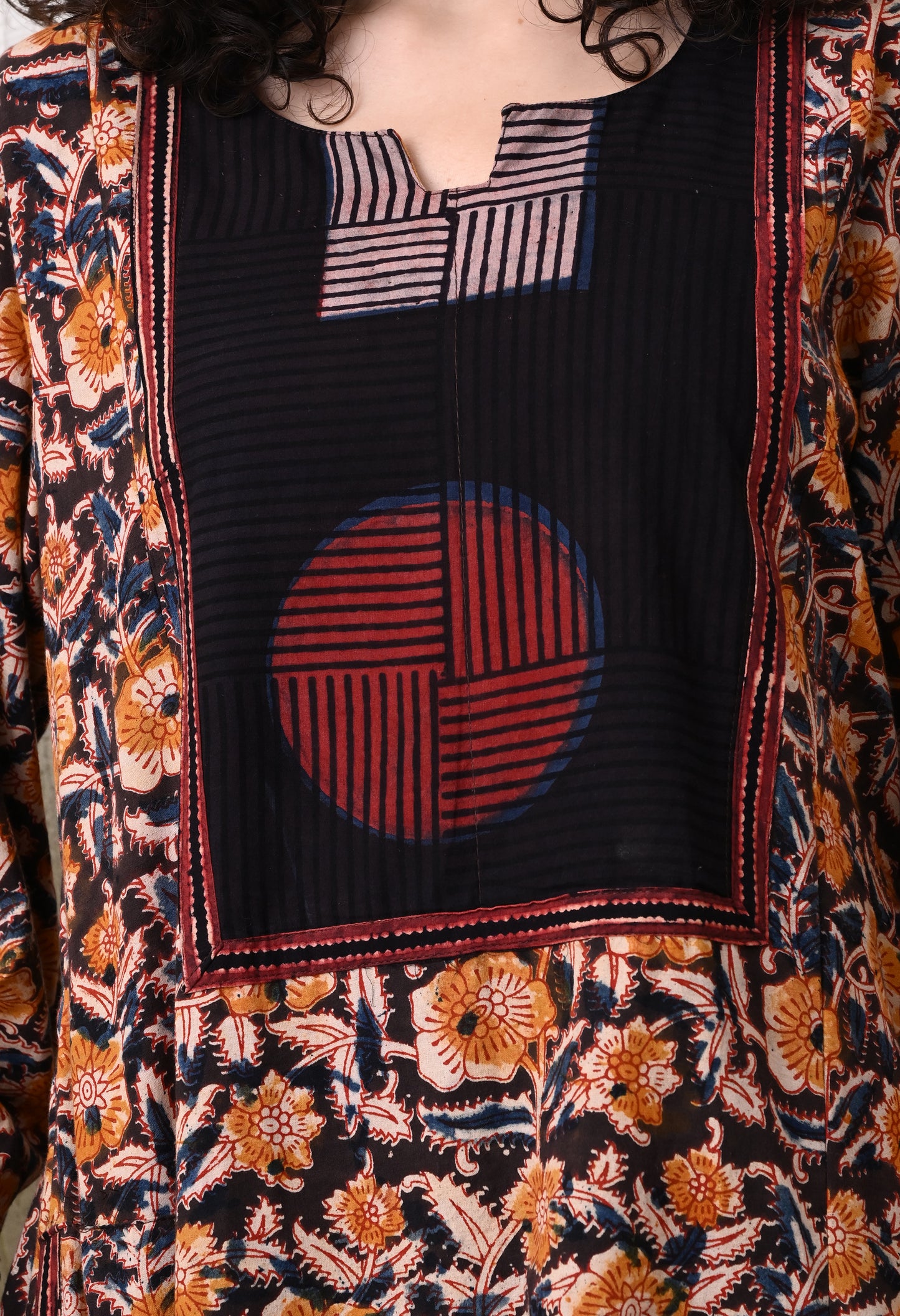 Black and Mustard Kalamkari Hand block Printed Cotton Kurta